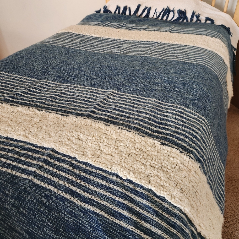 MALAGOON Blanket Throw Blue White Stripes Wool Blend Textured Fringe 59 x 50 - Picture 6 of 11